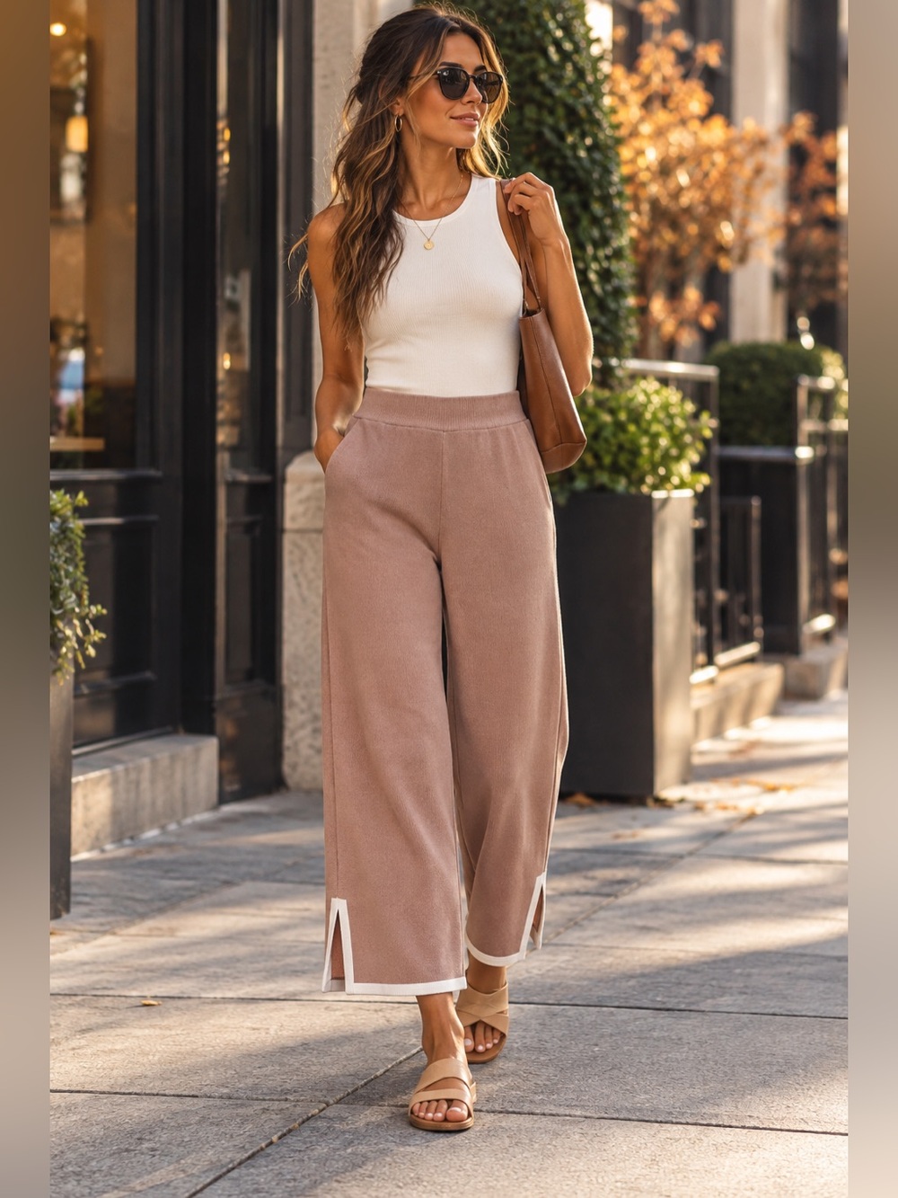 Tan Knit Wide Leg Pants Cropped Cream Trim Soft Pull On Minimalist- Medium